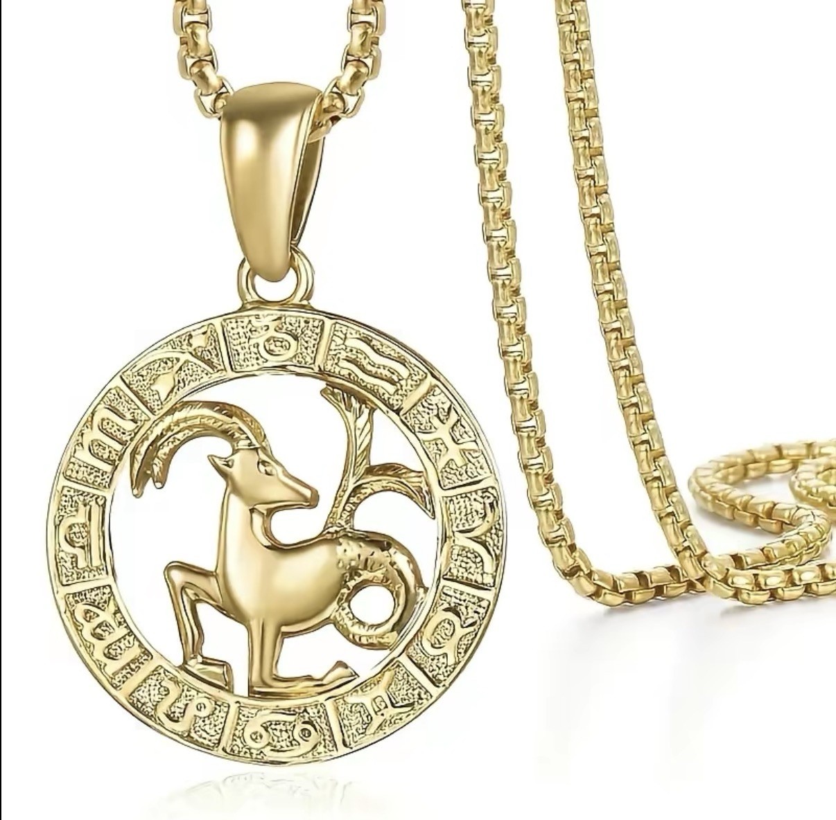 Gold Tone Zodiac Capricorn Round Charm Pendant Box Chain Necklace, No Stone