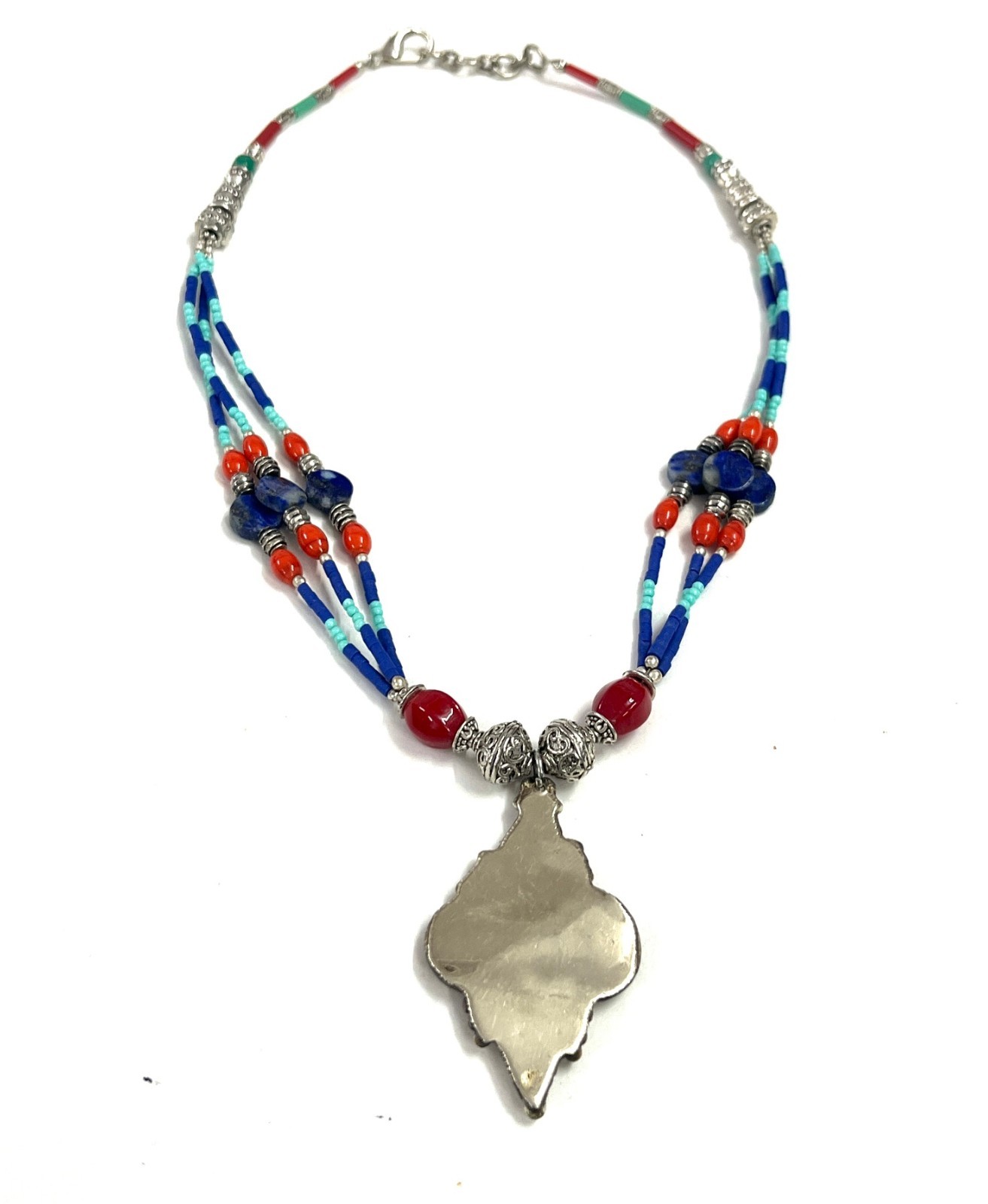 Antique Lapis Coral Gemstone Tibetan Statement Necklace Jewelry, 17 inch Adj