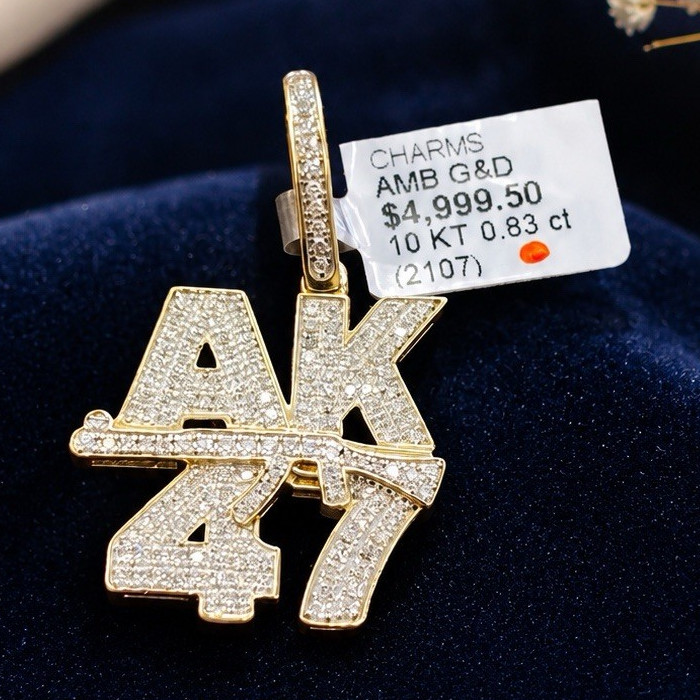 10K Gold AK-47 Charm Pendant Pavé Set White Round Stones barcode:- K109423-Y