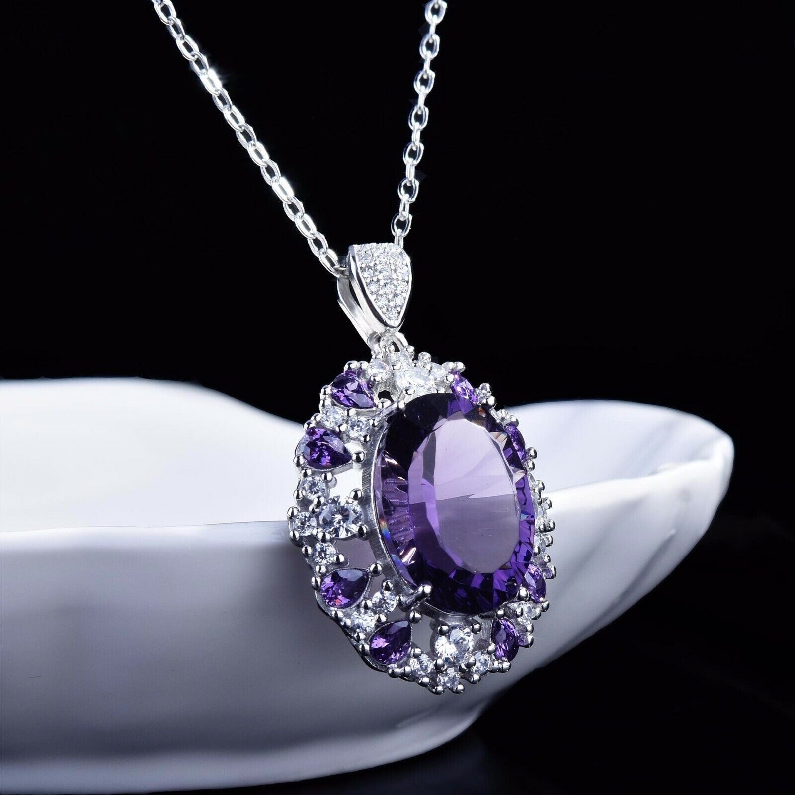 Oval Simulated Amethyst Women’s Stunning Fancy Pendant In 14K White Gold Plated