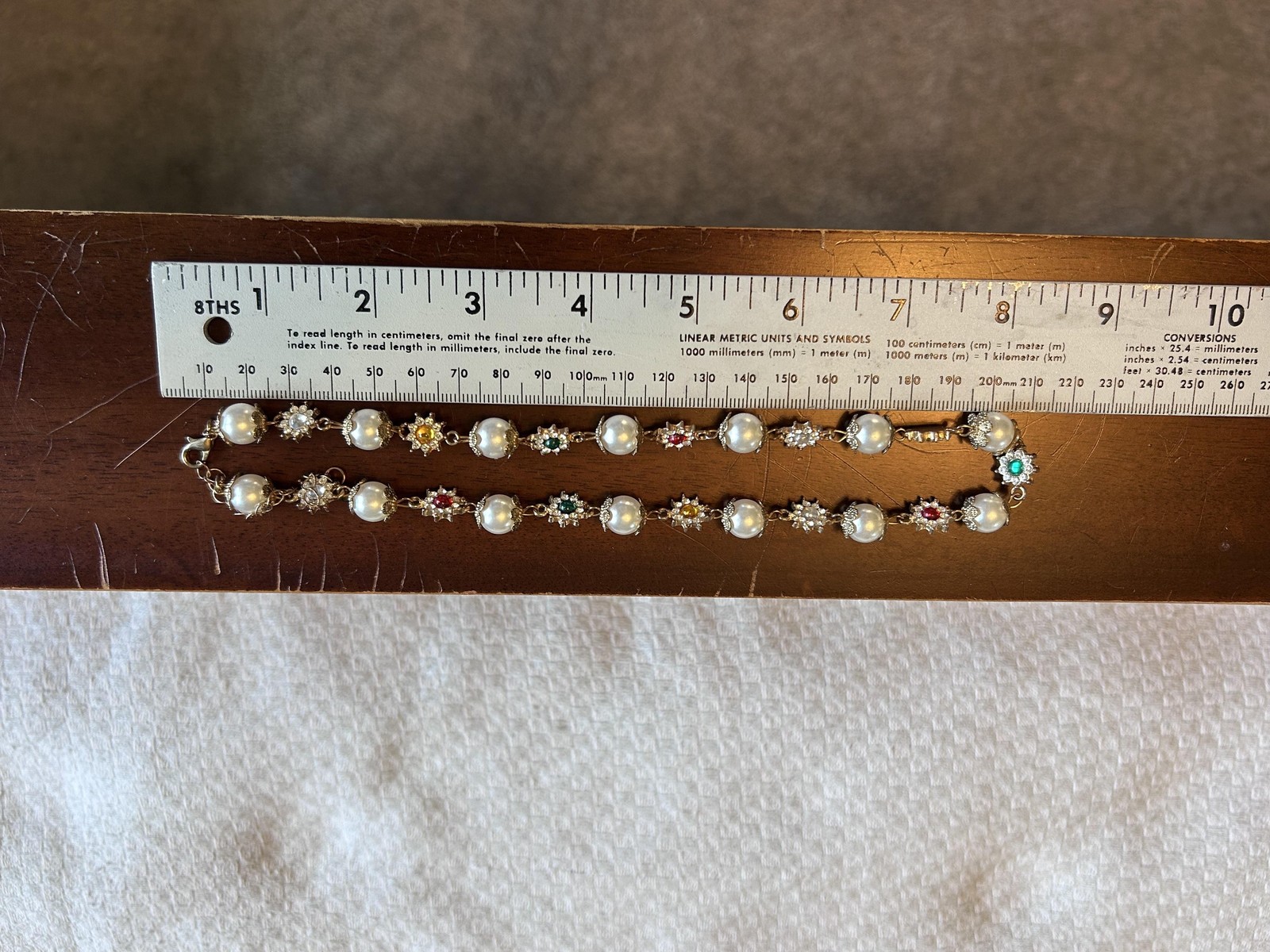 Necklace Gold Tone Multicolor Rhinestone Imitation Pearl Beaded Statement 19 In