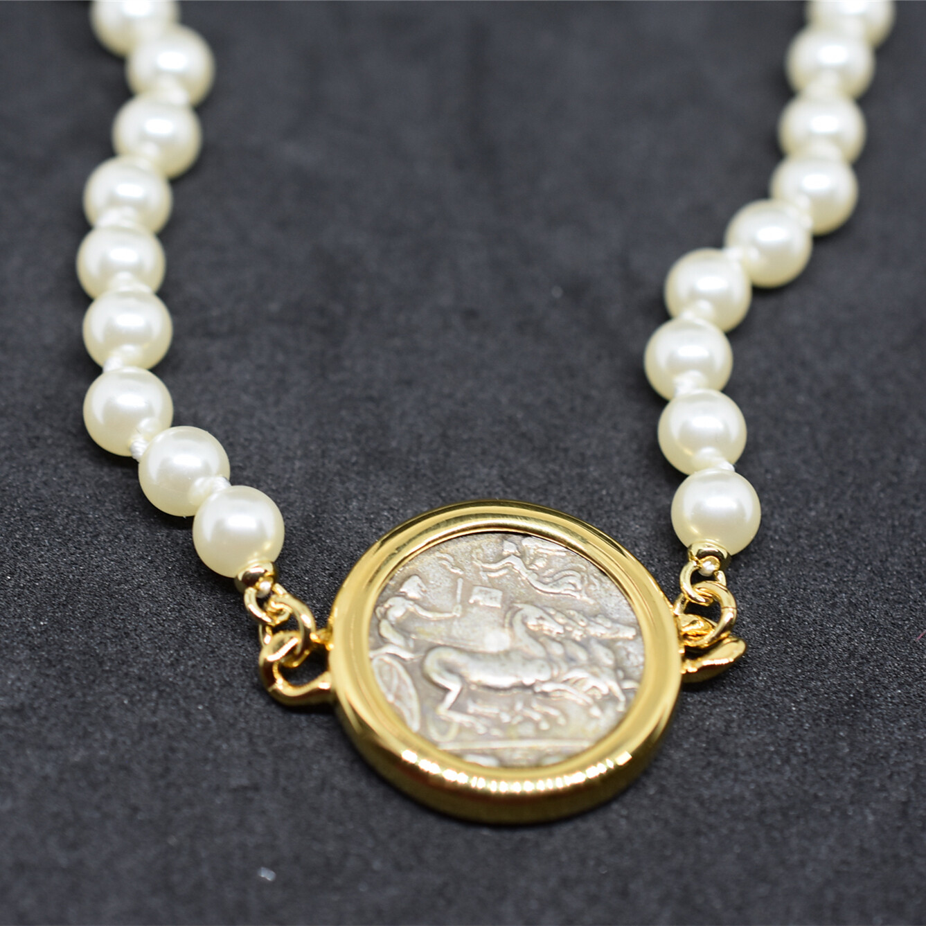 Retro Coins Ancient Roman Hunting Carriage/Ocean Goddess 2sided Pearl Necklace
