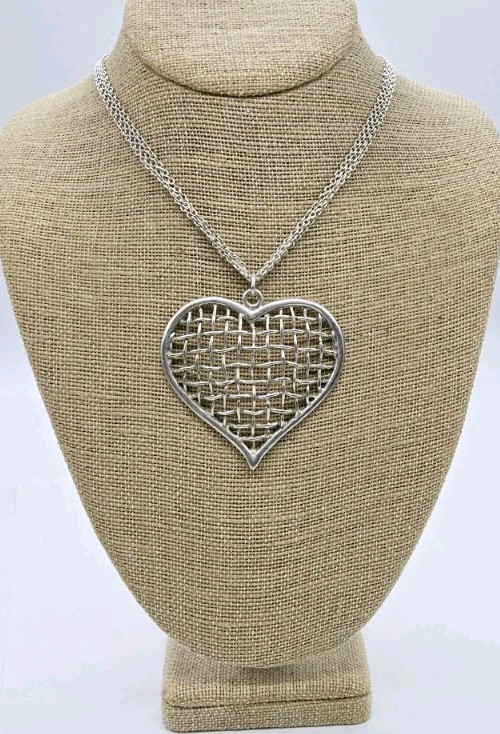 HEART Pendant Layered Necklace Cut-Out Silver tone 30 in Modern Modernist