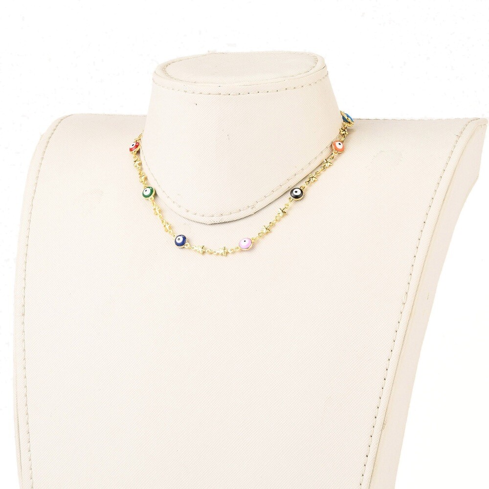 Enamel Necklace Stainless Steel Lobster Evil Eye Star Gold 13.5″ 16″ Z536