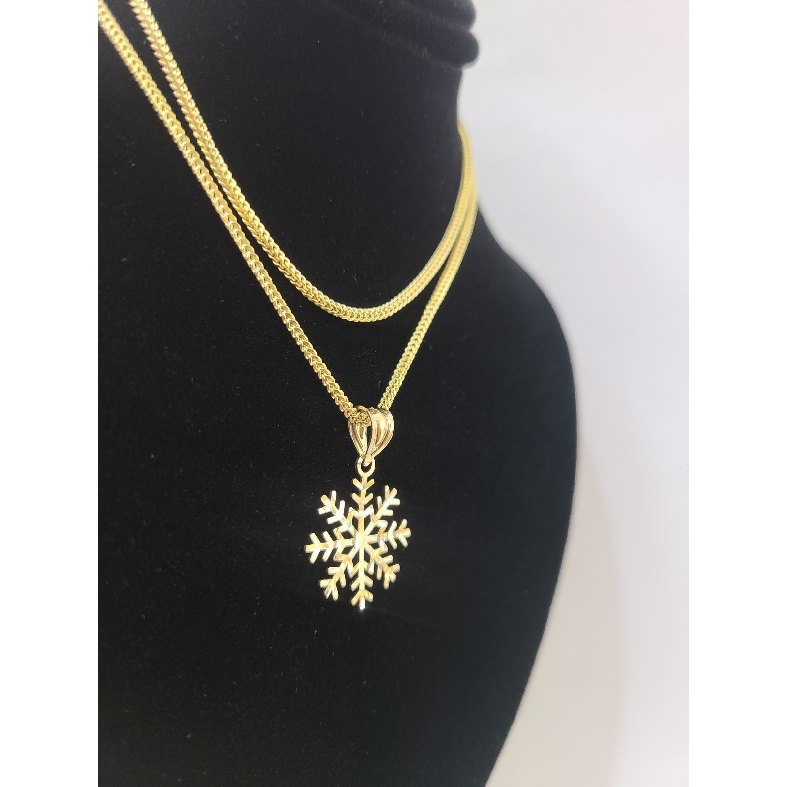 10K Yellow Gold Franco Chain Snowflake Pendant 1mm 16 18 20 22 24 Women Men