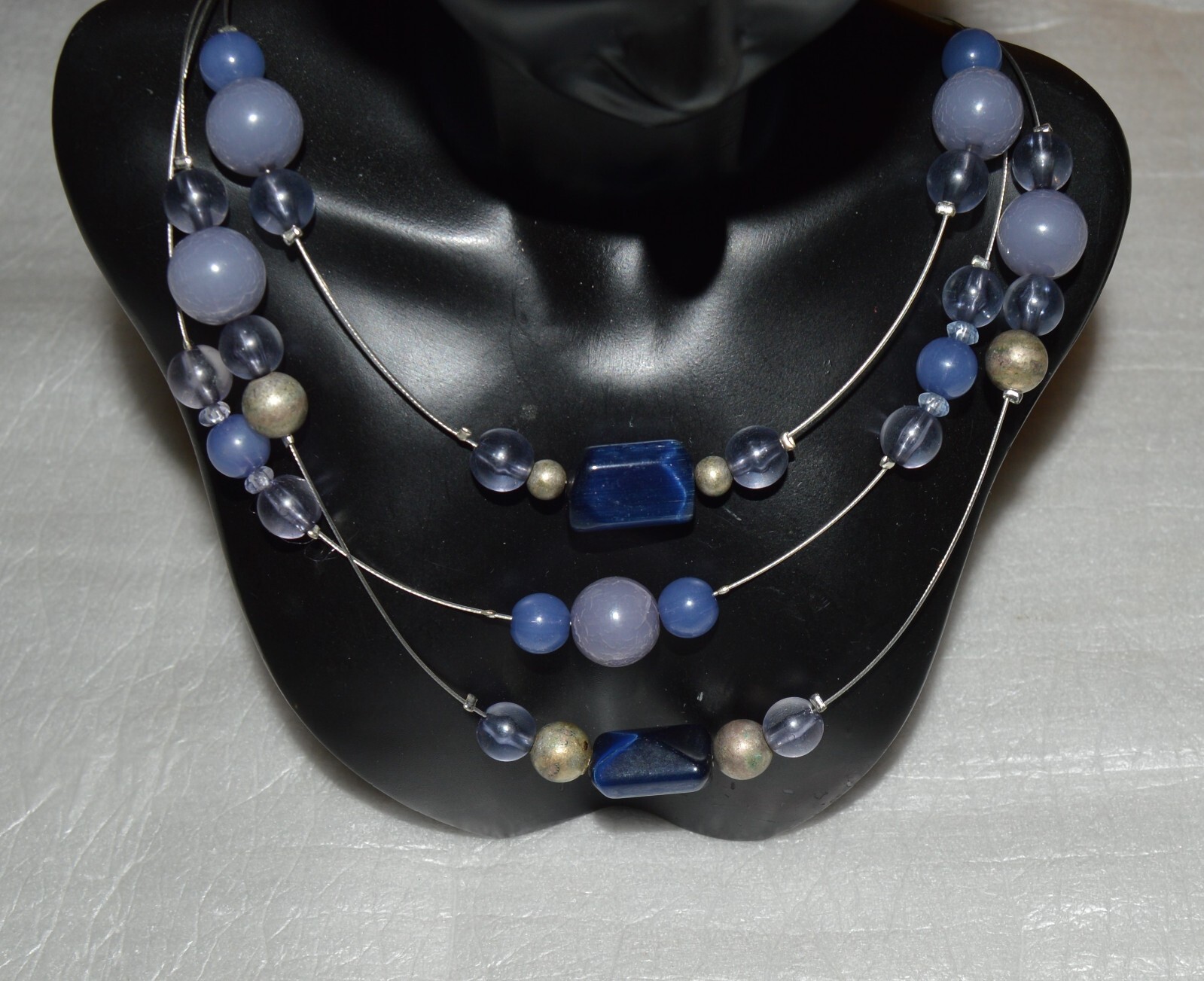 Blue Beaded 3 Strand Choker Necklace 15+ in. Jewelry