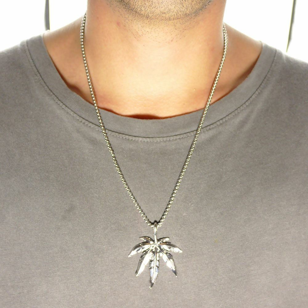 Unisex 18K Silver Plated 15in. Skinny Chain Necklace w/ Marijuana Weed Pendant
