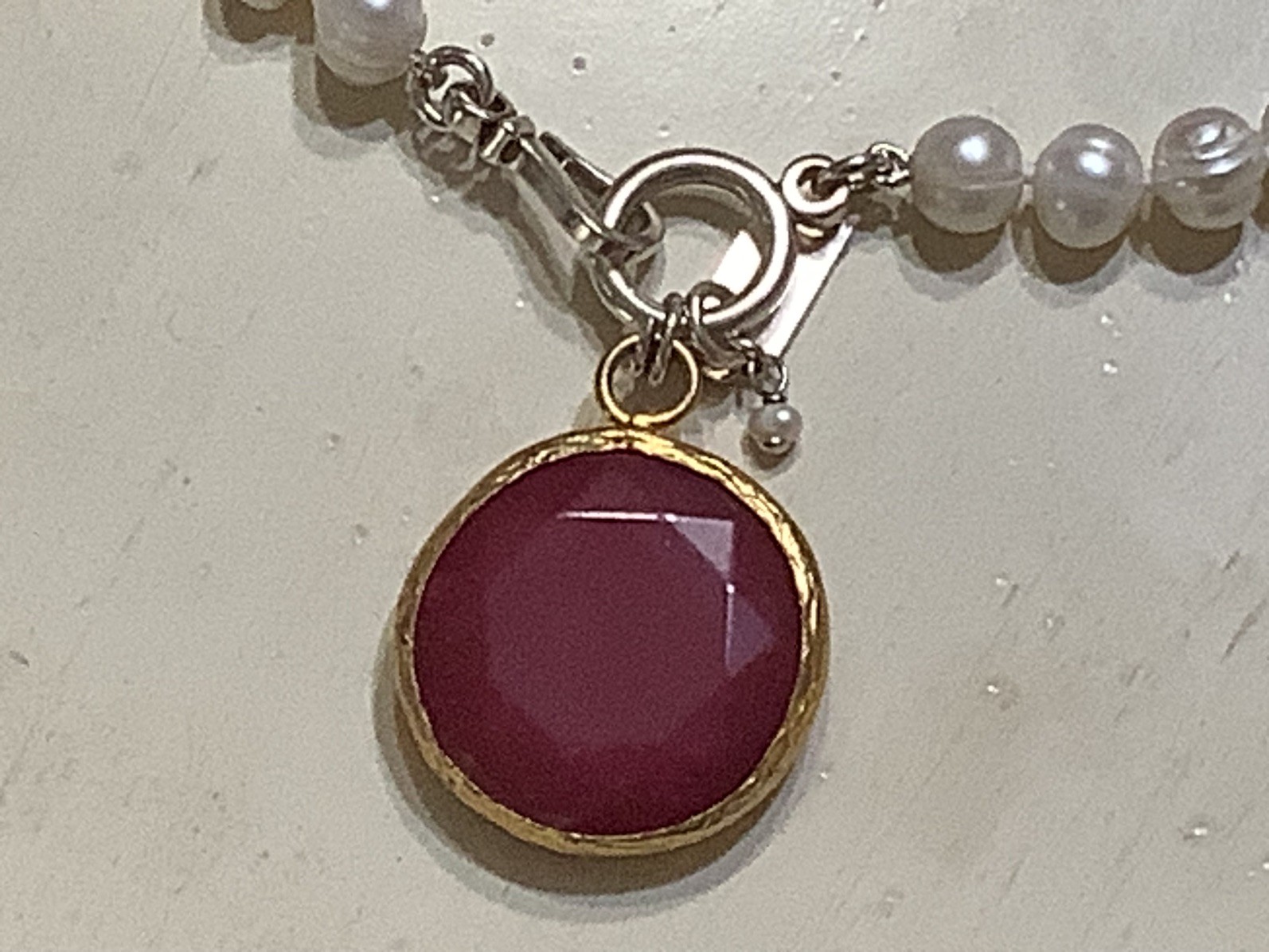 Pearly Girls PearlNecklace W/Red Pendant, Sterling Clasp, 18”, NWT