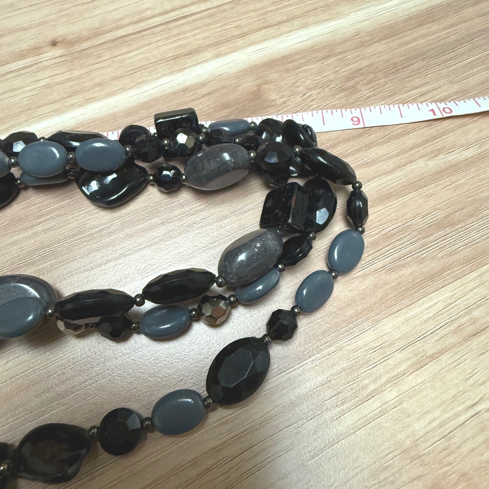 Black Grey Multi Strand Beaded Statement Necklace Layered Chunky Adjustable