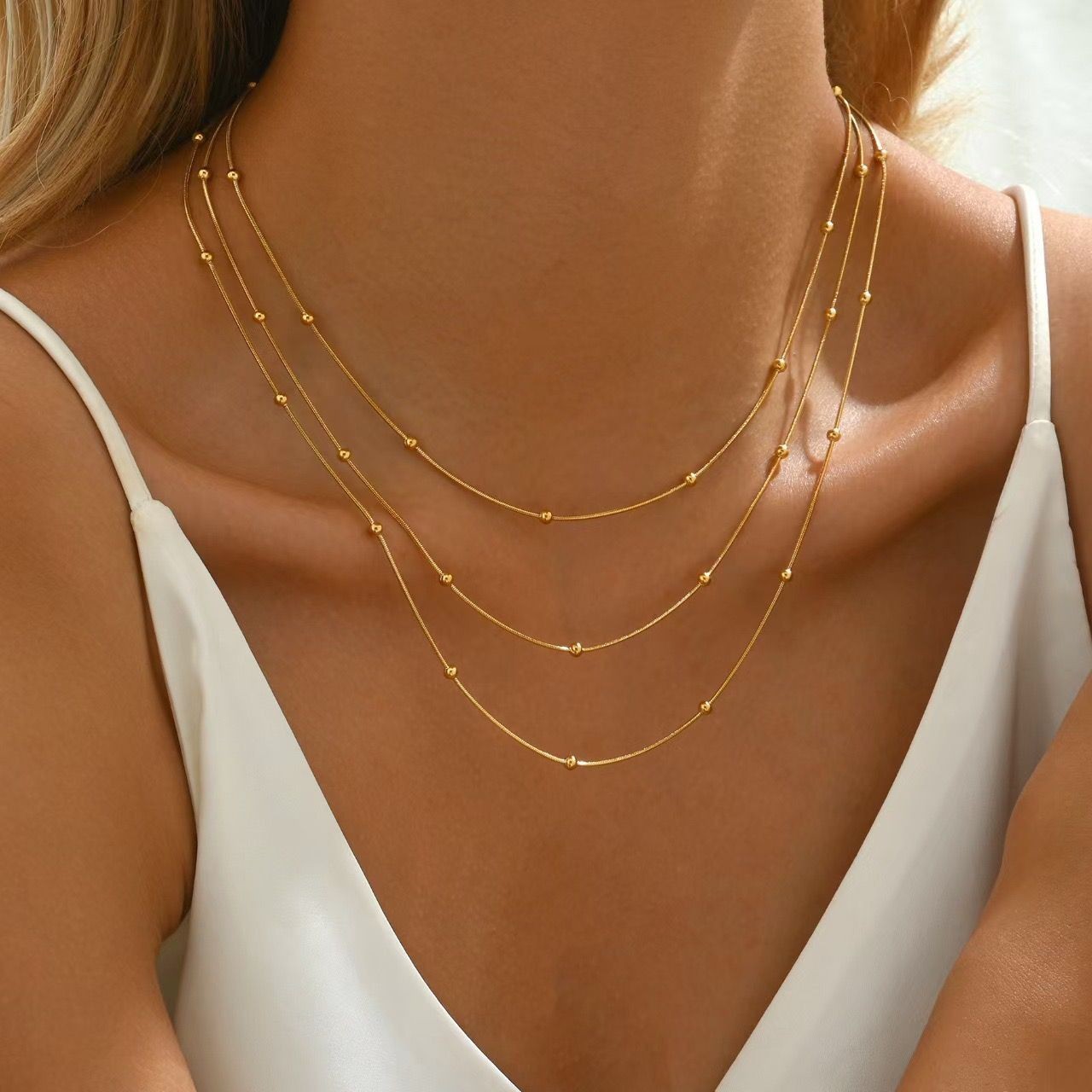 Woman 18K Gold Plated 3 Layers Beaded Snake Chain Necklace Anti-tarnish
