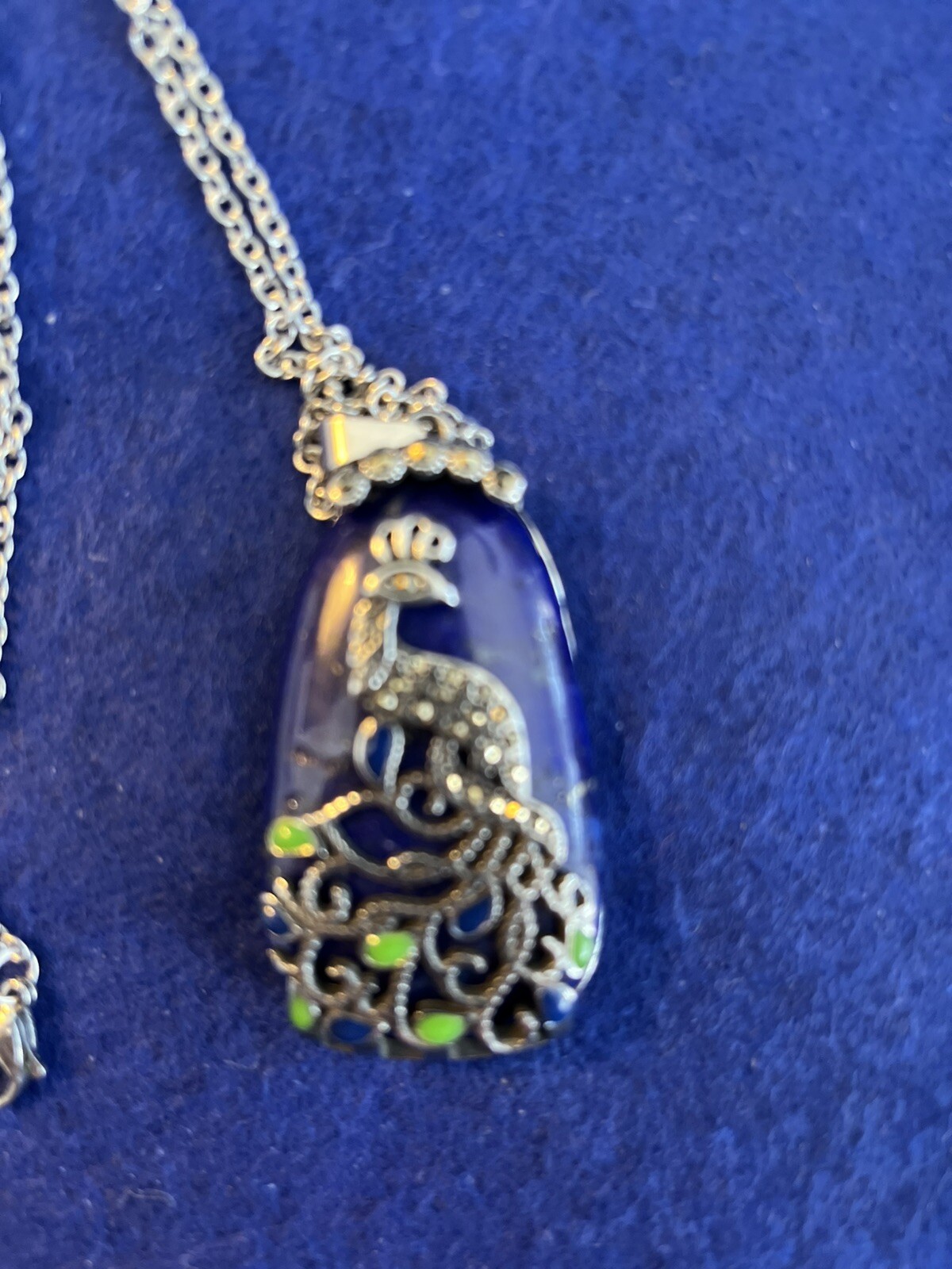 Lapis Lazuli, Swiss Margarita, Enameled Peacock Pendant Necklace (20”)