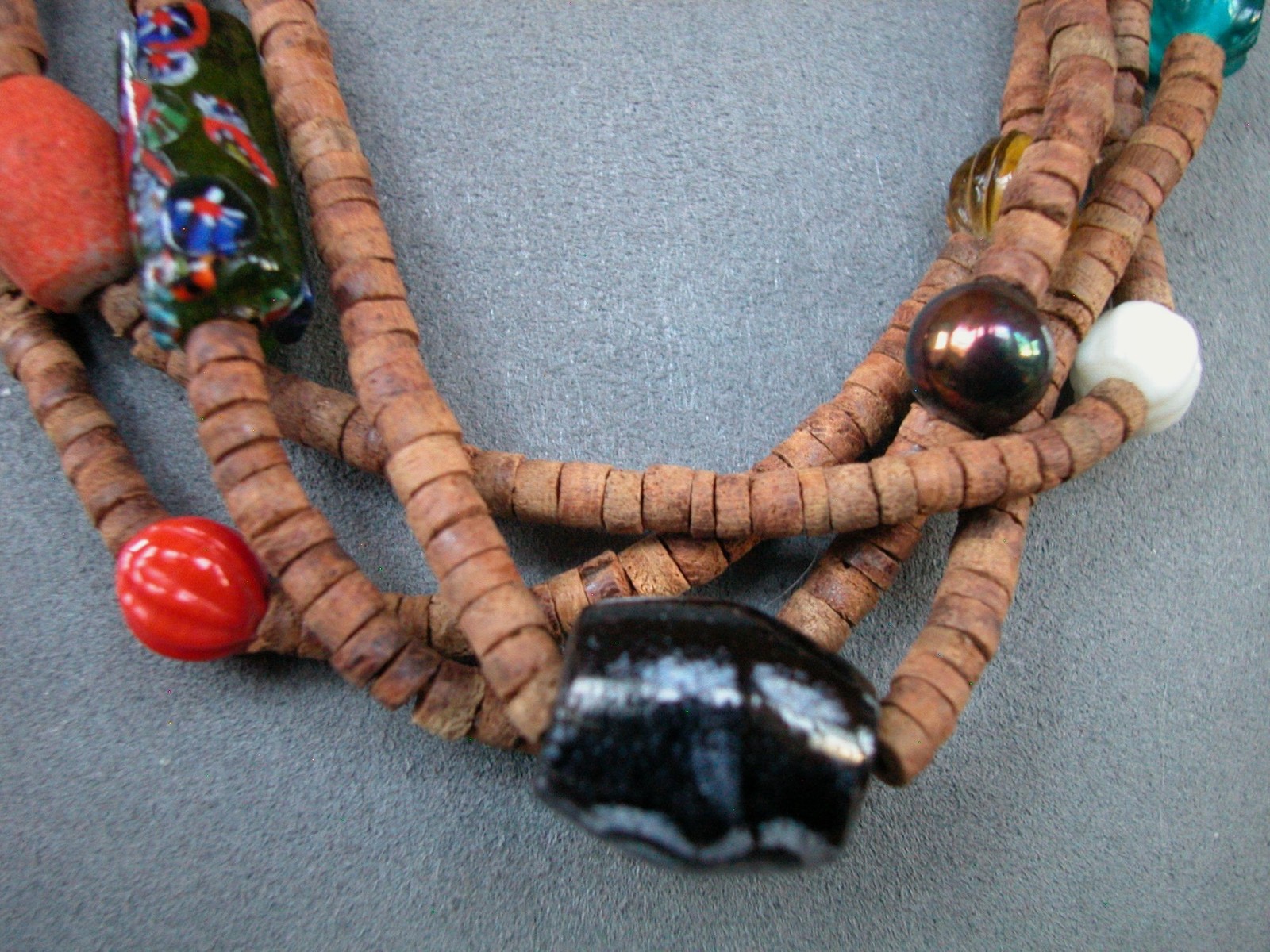 30 Inch Multi-Strand Wood Beaded Necklace With Colorful Glass Accents