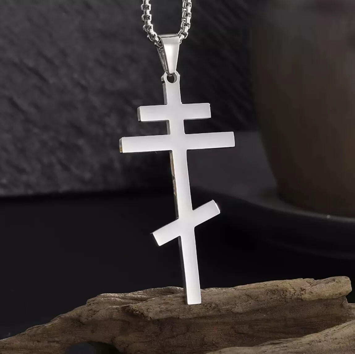 Silver Cross Necklace Eastern Orthodox Stainless Steel Pendant Men Russian Greek