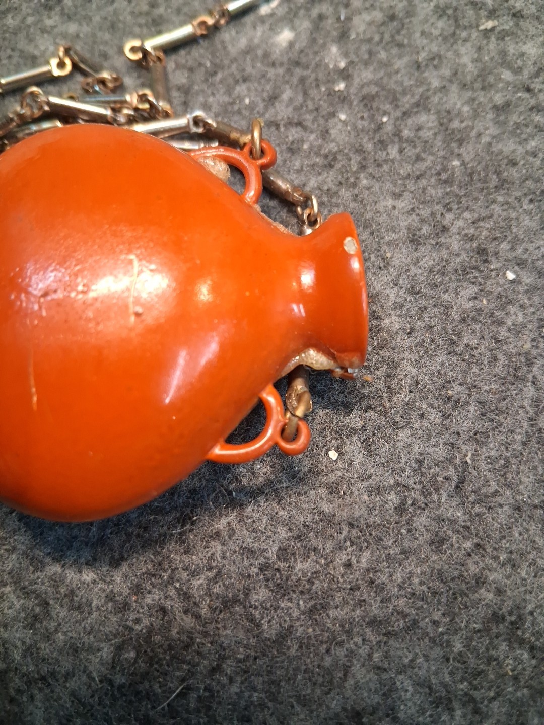 Vintage Mid-Century Orange Porcelain Perfume Scent Bottle Pendant Necklace Silve