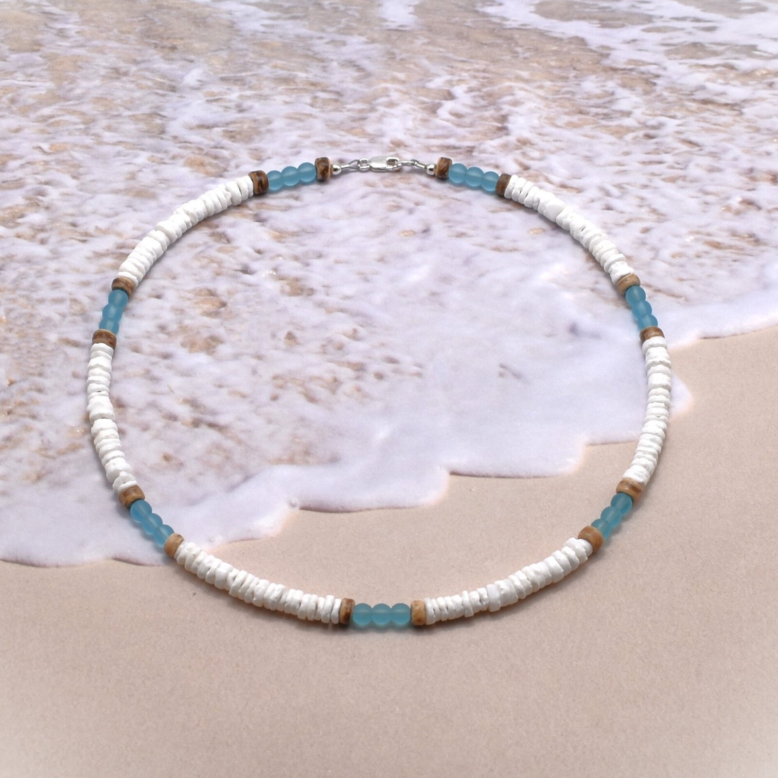 Charm Natural White Shell Blue Crystal Beads Necklace for Men Women Surf Choker