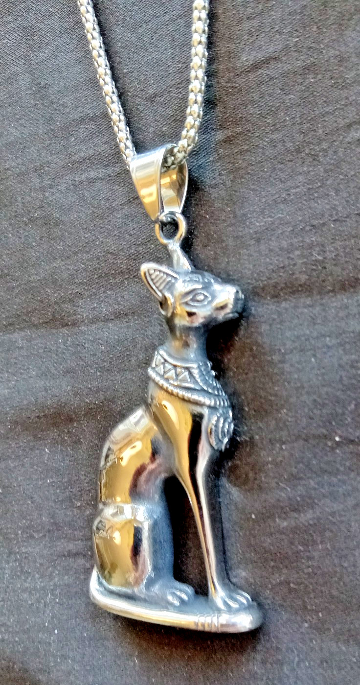 Ancient Egyptian Cat Bastet Silverplated Dramatic Large Pendant, Egyptian Bast