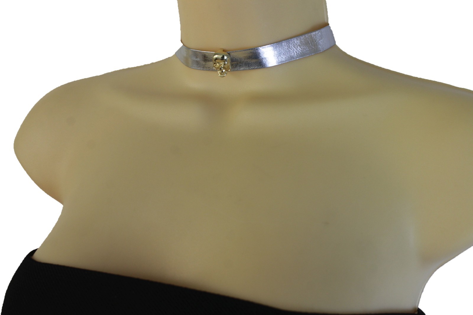 Hot Women Gold Skull Pendant Fashion Necklace Skinny Silver Faux Leather Jewelry