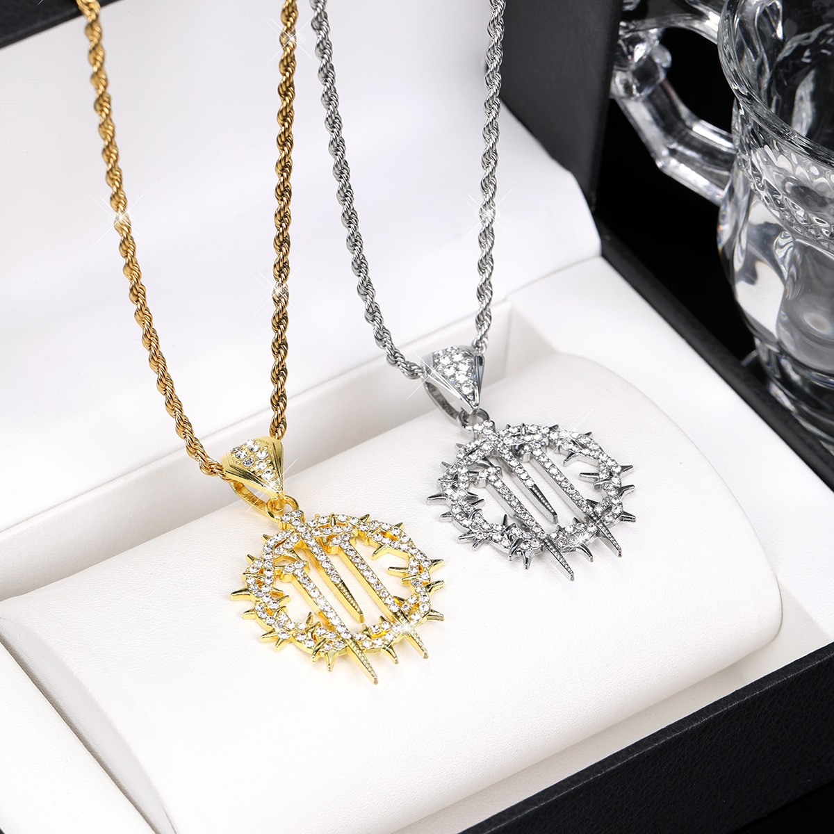 Iced Thorn Spikes Pendant Necklace Stainless Steel Twisted Rope Chain Unisex