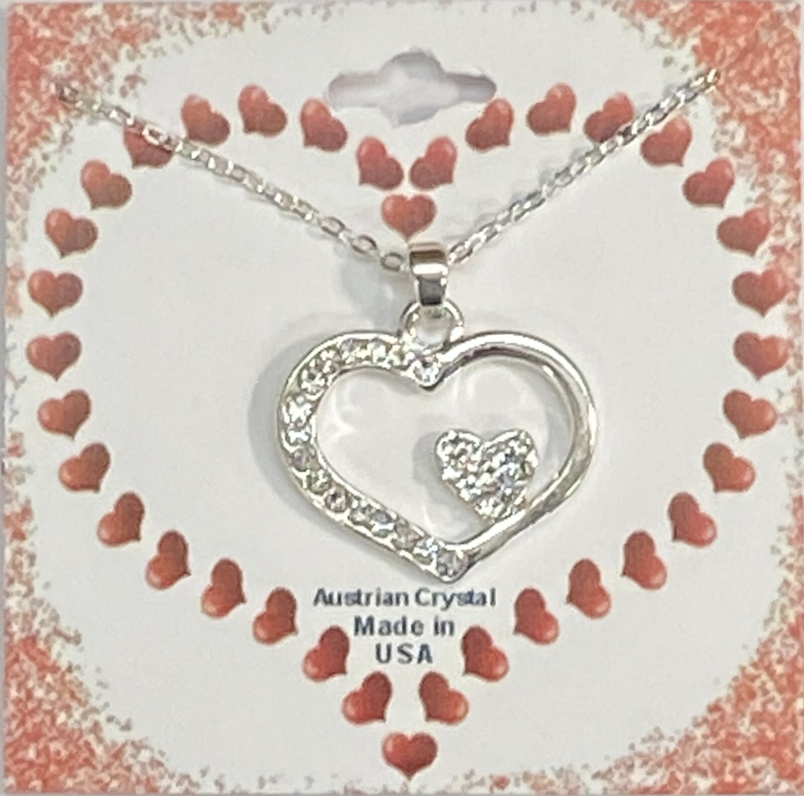 Heart Valentine 18-20 Adjustable Necklace With 26 Crystals in Silver Plate NEW