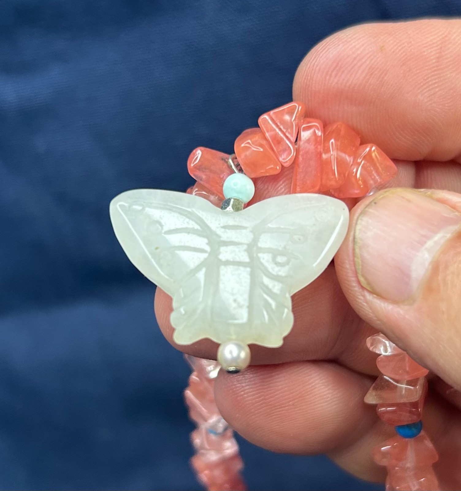 Choker Necklace, Cherry Quartz Chip Stone Chain with Butterfly Pendant