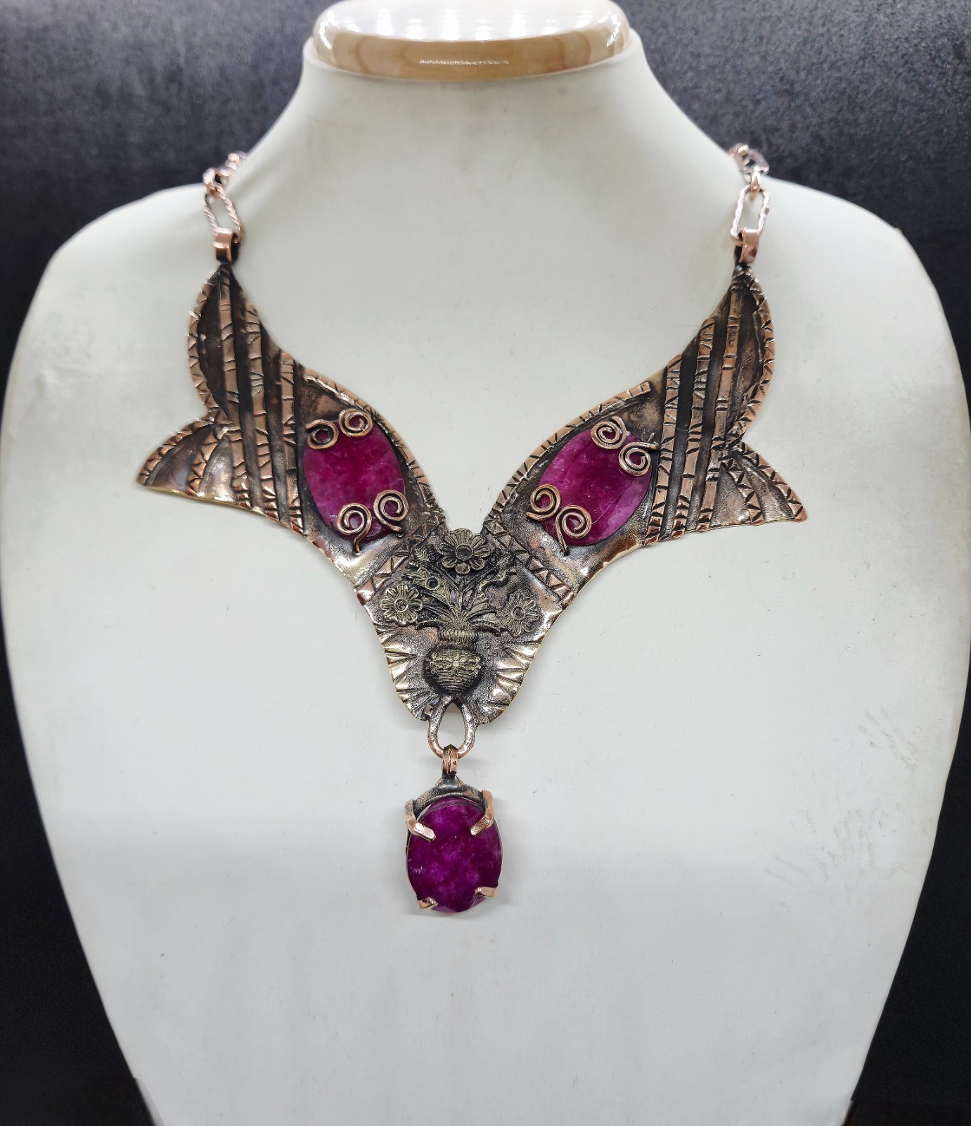 Faceted Kashmir Ruby Gemstone Copper Wire Wrapped Necklace Handmade Gift Jewelry