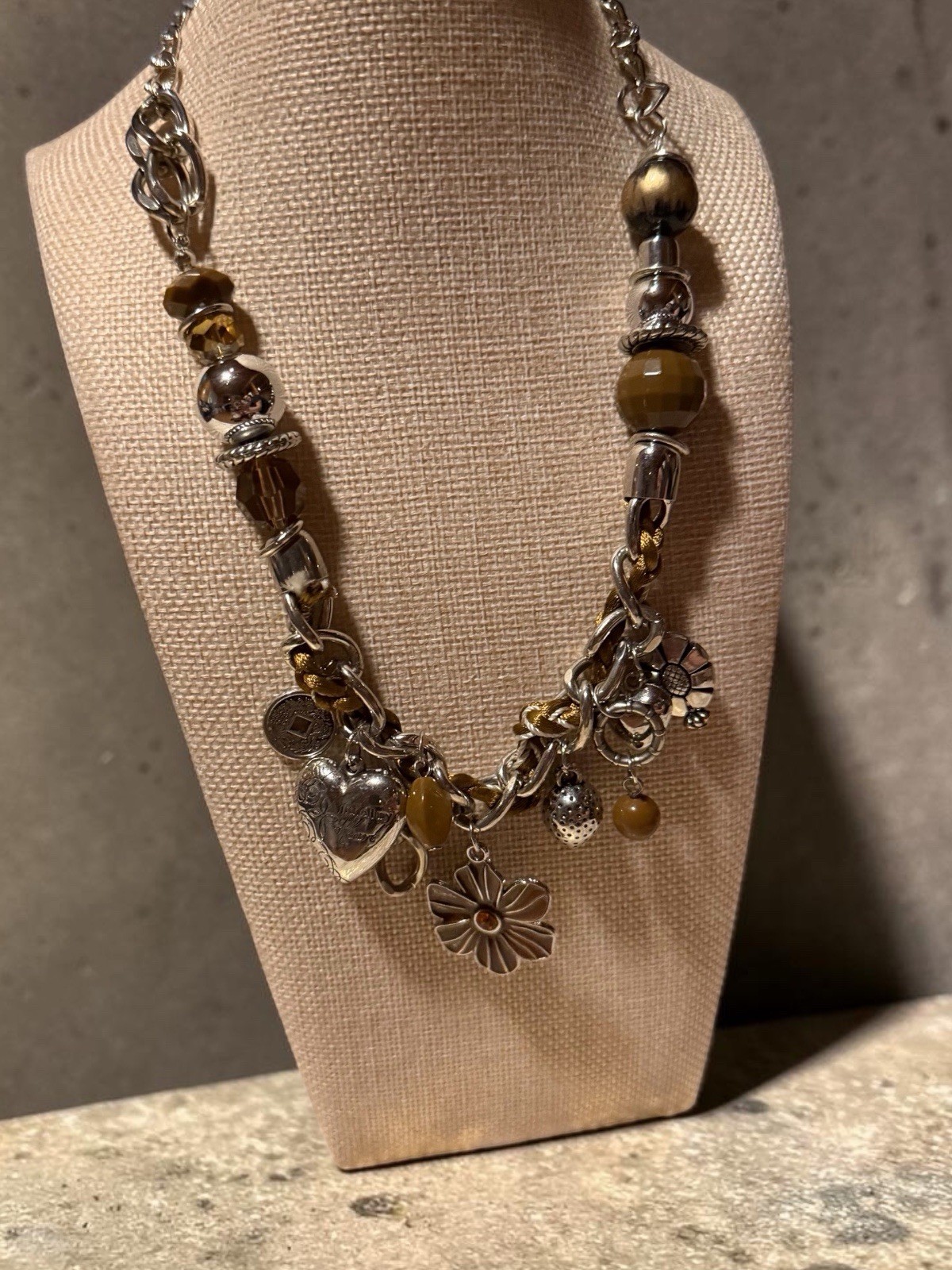 Silver Tone Brown Round Stone & Flower Charm Necklace, Adjustable