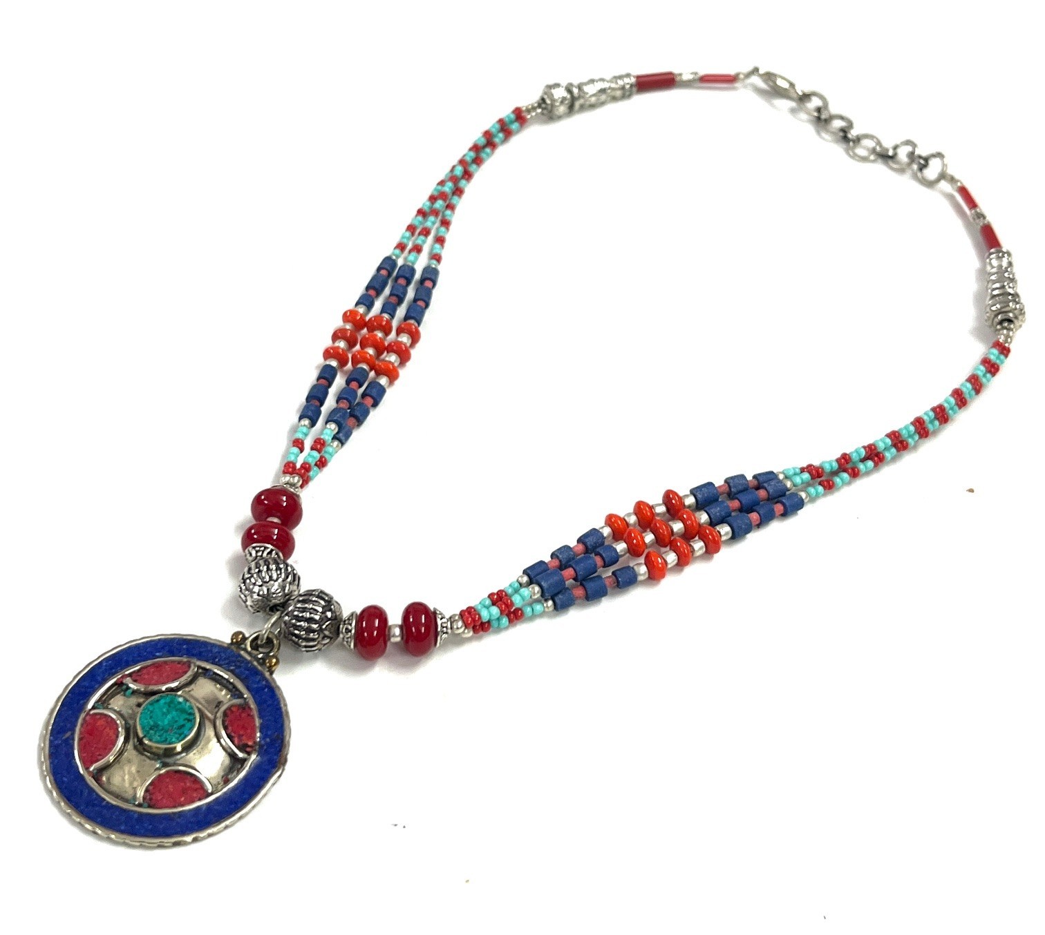 Ethnic Lapis Lazuli Coral Gemstone Nepalese Boho Necklace Jewelry, 17 inch
