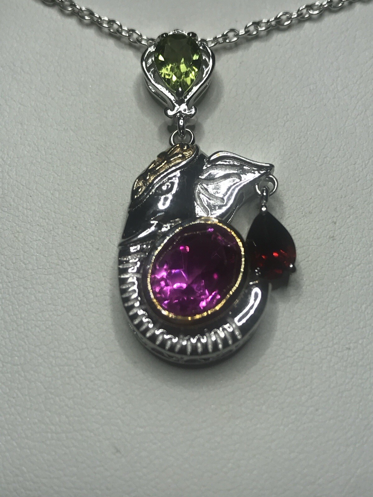 Gold And Silver Plated Elephant Profile Pend With Multi Color Stones & 20” Chain