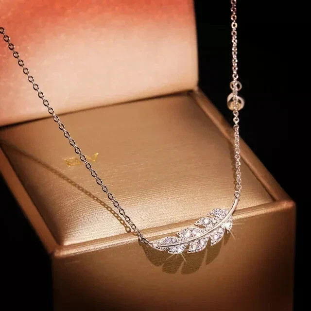 Women’s 1Ct Round Simulated Diamond Leaf Pendant Necklace 14K White Gold Plated