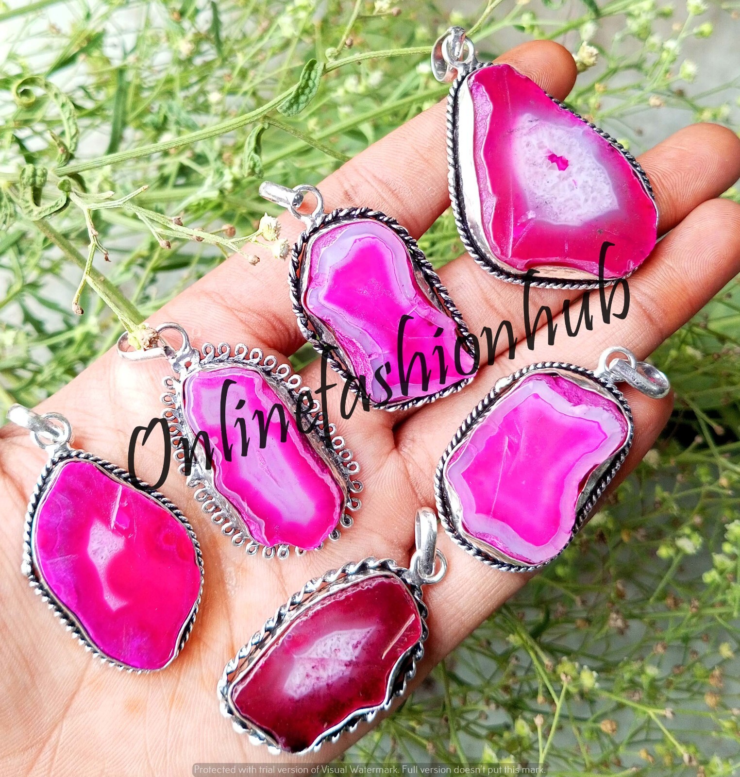 Pink Slice Agate Gemstone 925 Silver Plated Wholesale Lot Pendants For Birthday