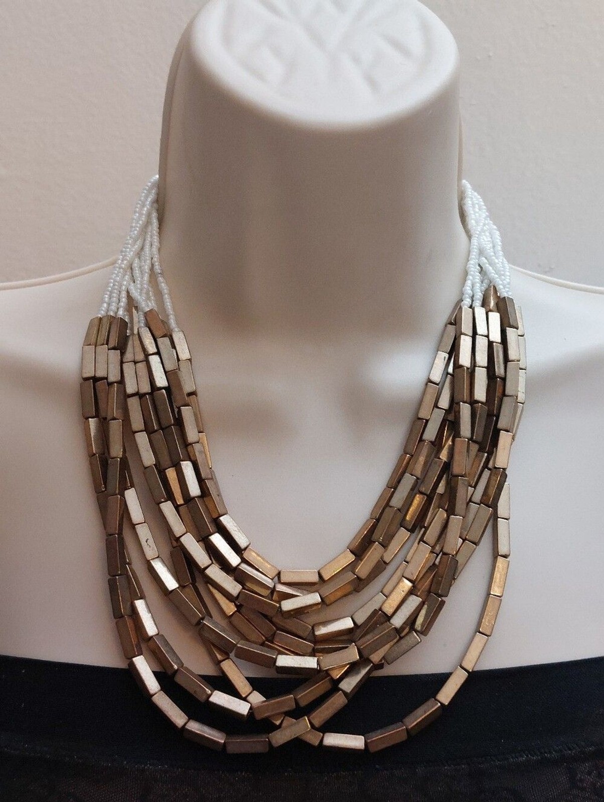 White Seed Beads And Gold Tone Bar Beads Cascading Layerers Multistrand Necklace