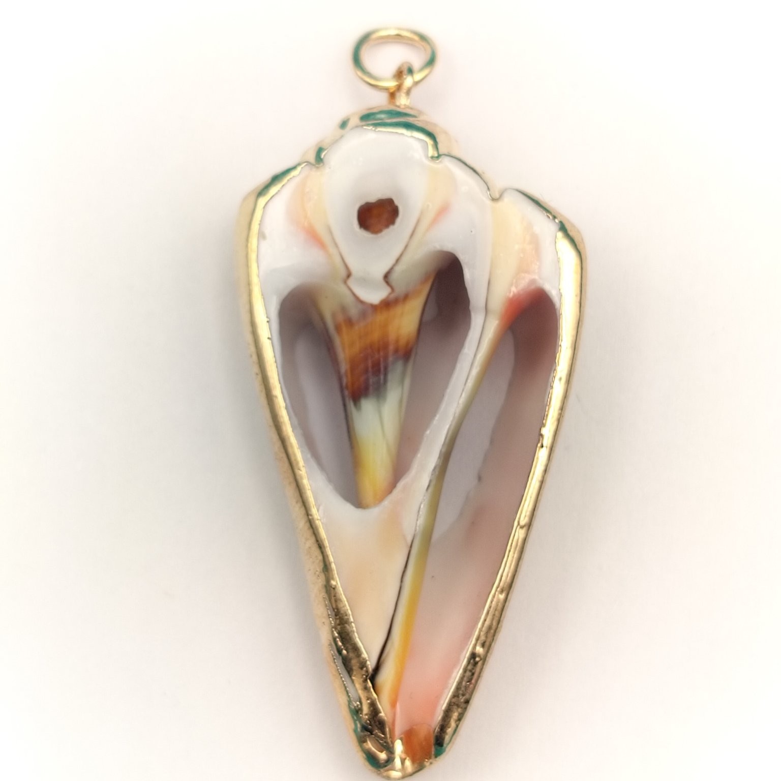 Natural Seashell Conch Pendant Gold Tone Framed Nautical Beach Jewelry ~1.25″