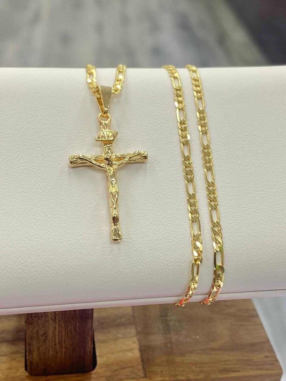 Rustic Cross Necklace 14K Yellow GF Figaro Chain 24″ Gifts Jewelry Religious
