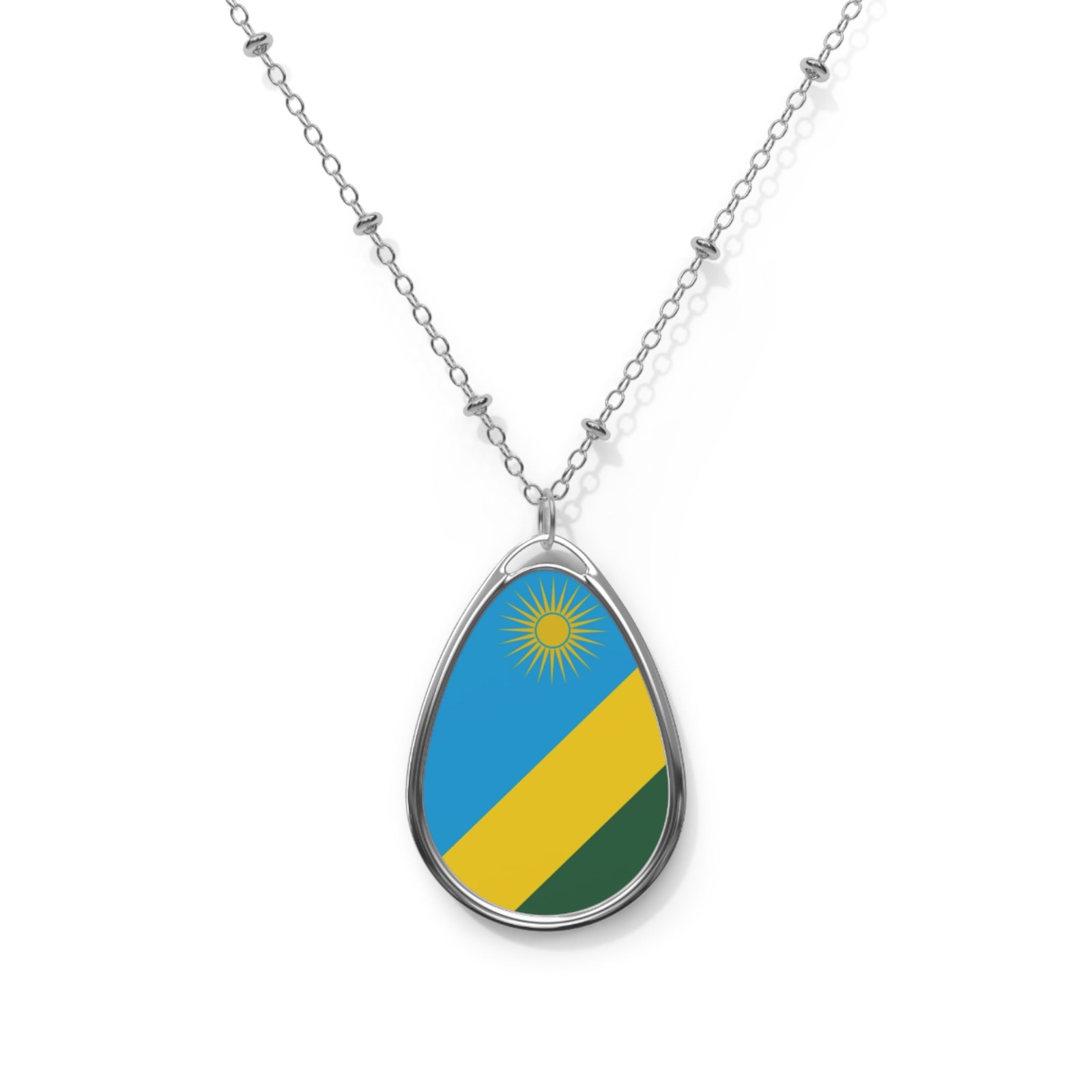 Rwanda Flag Oval Necklace – Rwandan Heritage Pendant – One Size / Silver