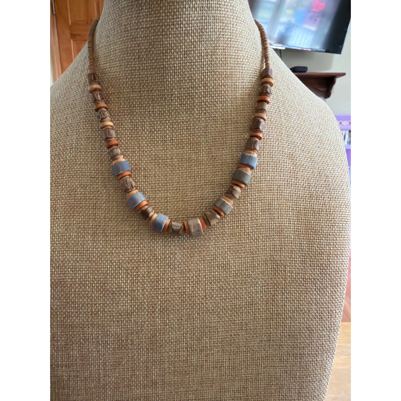 Natural Wood and Clay Beaded Necklace Brown Blue Terracotta Earthy Boho Coastal