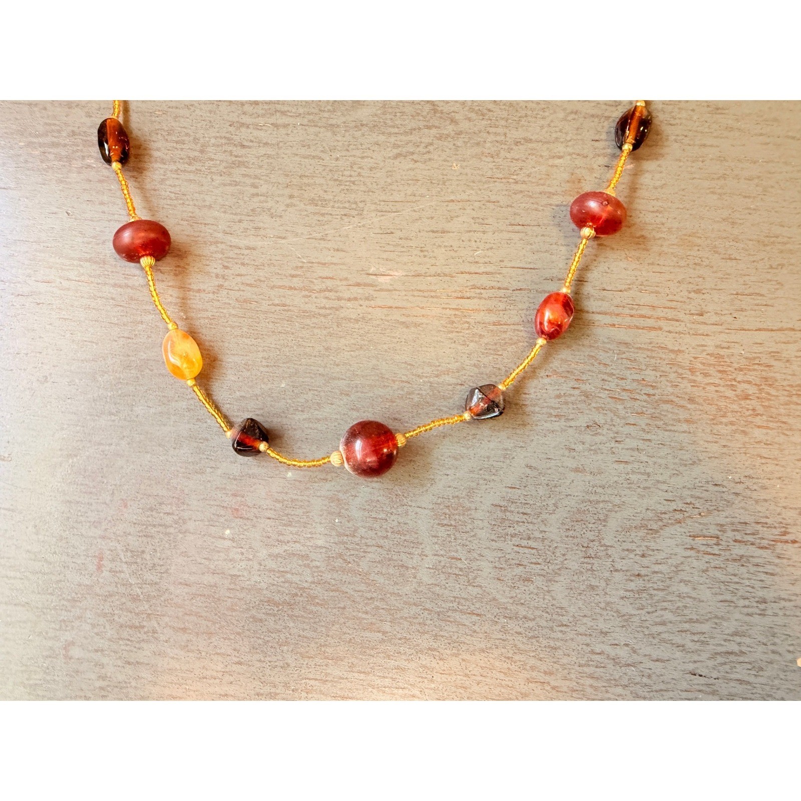 Vintage Earth Tone Beaded Long Necklace Amber Burgundy Gold Seed Bead 40 Inch