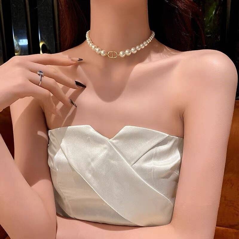 Necklace Earrings Bracelet Faux Pearl Silver Gold Chain Woman CD Pendant Strand