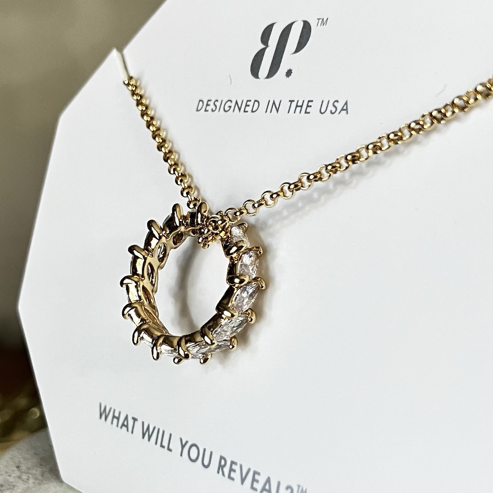 Bomb Party OG Necklace STUNNING DETAILS Diamond CZ Ring Band, Gold Chain NK75064