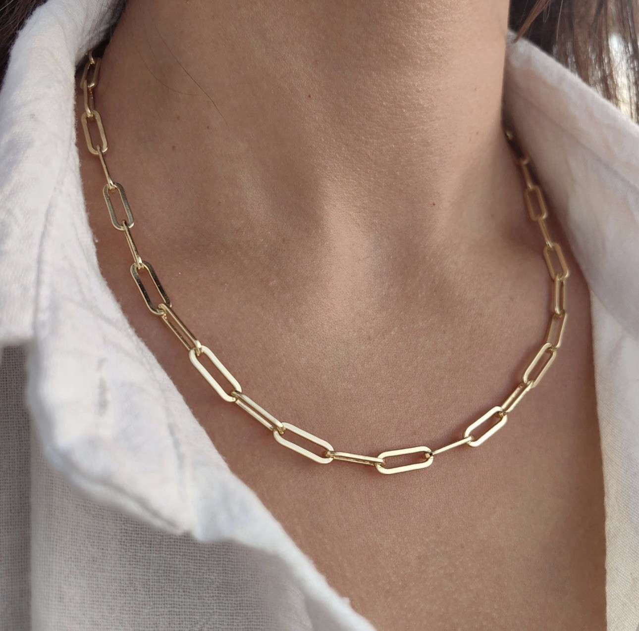 14K Gold Plated Paperclip Chain Necklace Water Resistant Rhodium Finish – 20 in