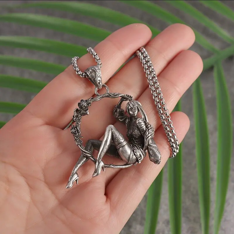 Rose Ring Beauty Jewelry Vintage Silver Sexy Goddess Swinging Pendant Necklace