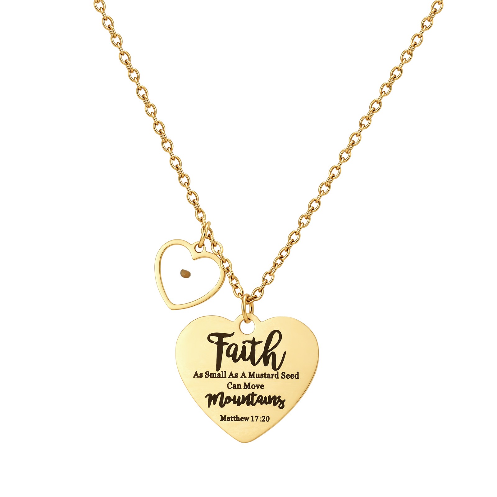 Mustard Seed Faith Heart Pendant Matthew 17:20 Bible Prayer Steel Chain Necklace