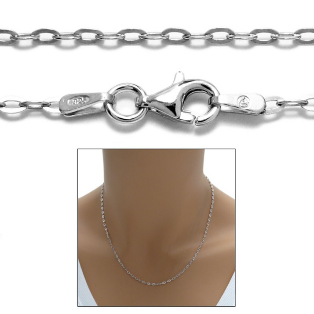925 Sterling Silver Rhodium Oval Rolo Chain Necklace 1.5mm