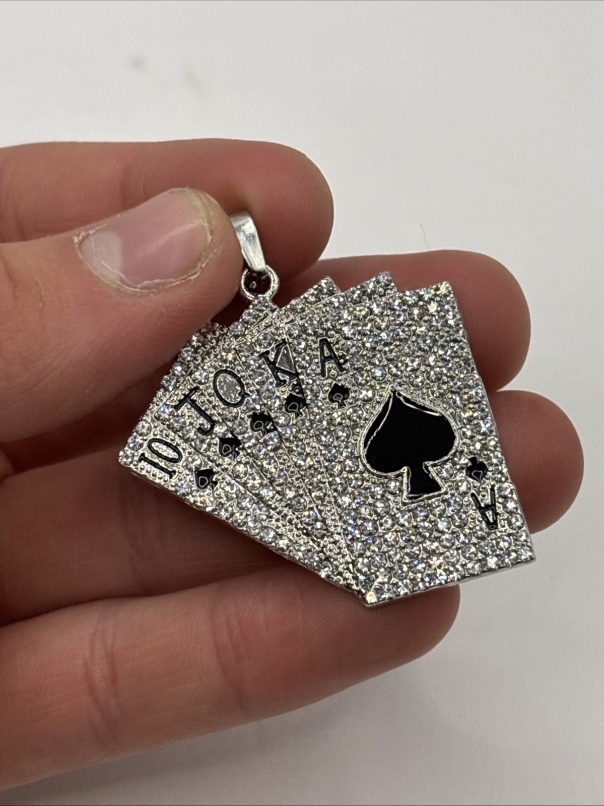 Iced Out Royal Flush Playing Cards Pendant Silver Stainless Steel Hip Hop