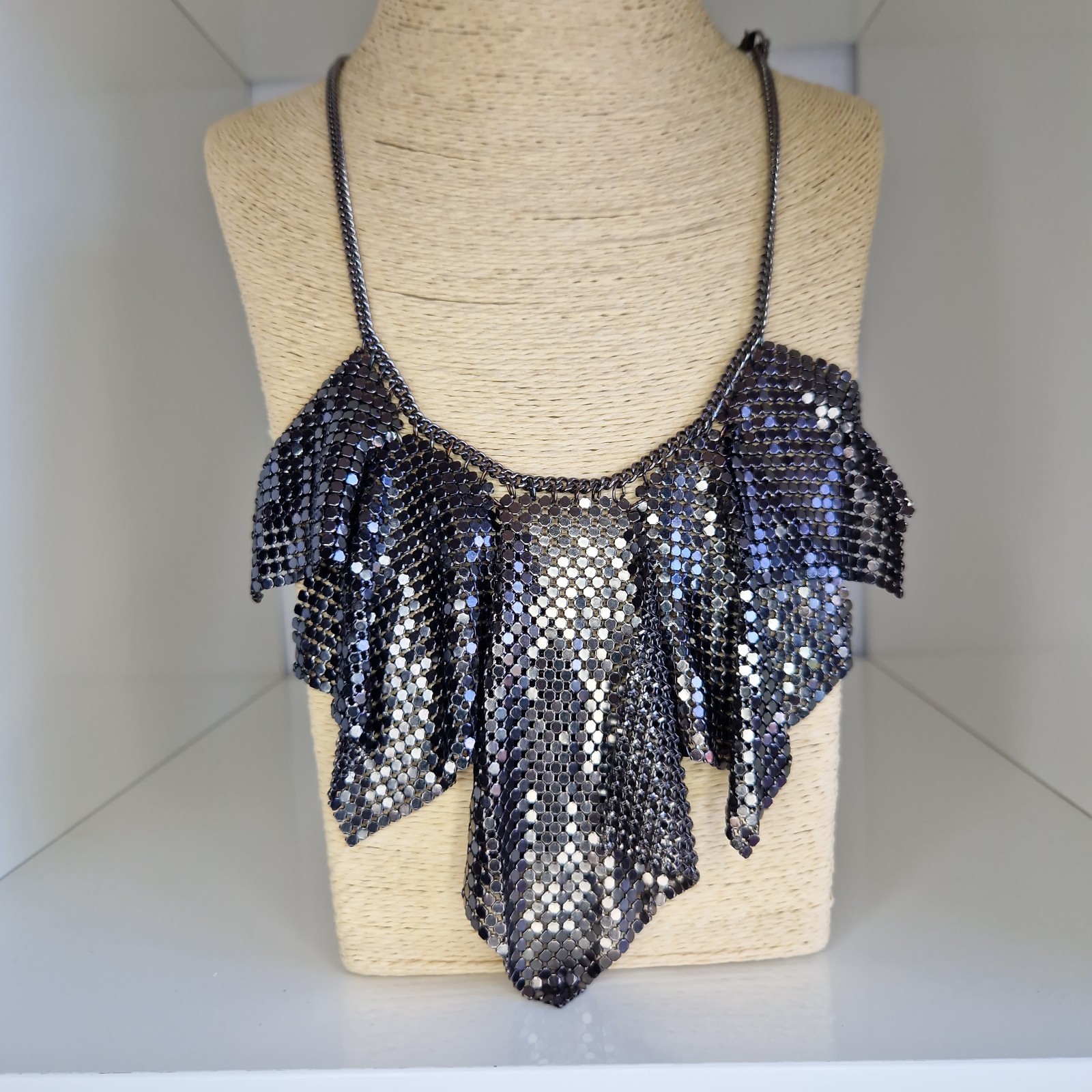 Chainmail Long Necklace Gunmetal Grey Statement Vintage Style Articulated 60cm