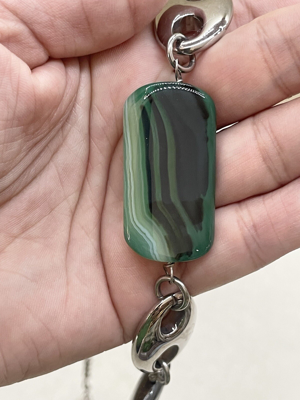 28″ Stainless Steel Green & Brown Stones Figaro Necklace W/ Artist’s Stamp