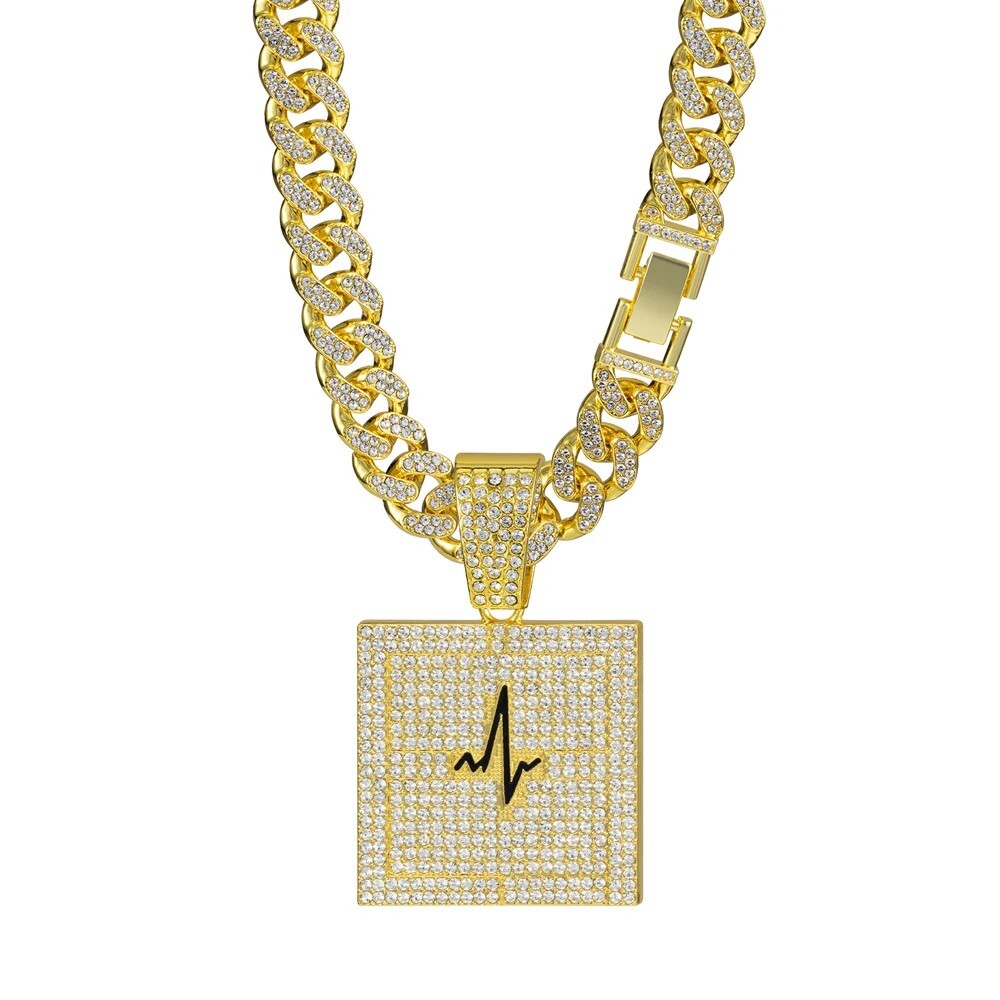 Iced Lifeline ECG Pendant Necklace CZ Bling Men Hip Hop Miami Cuban Link Chain