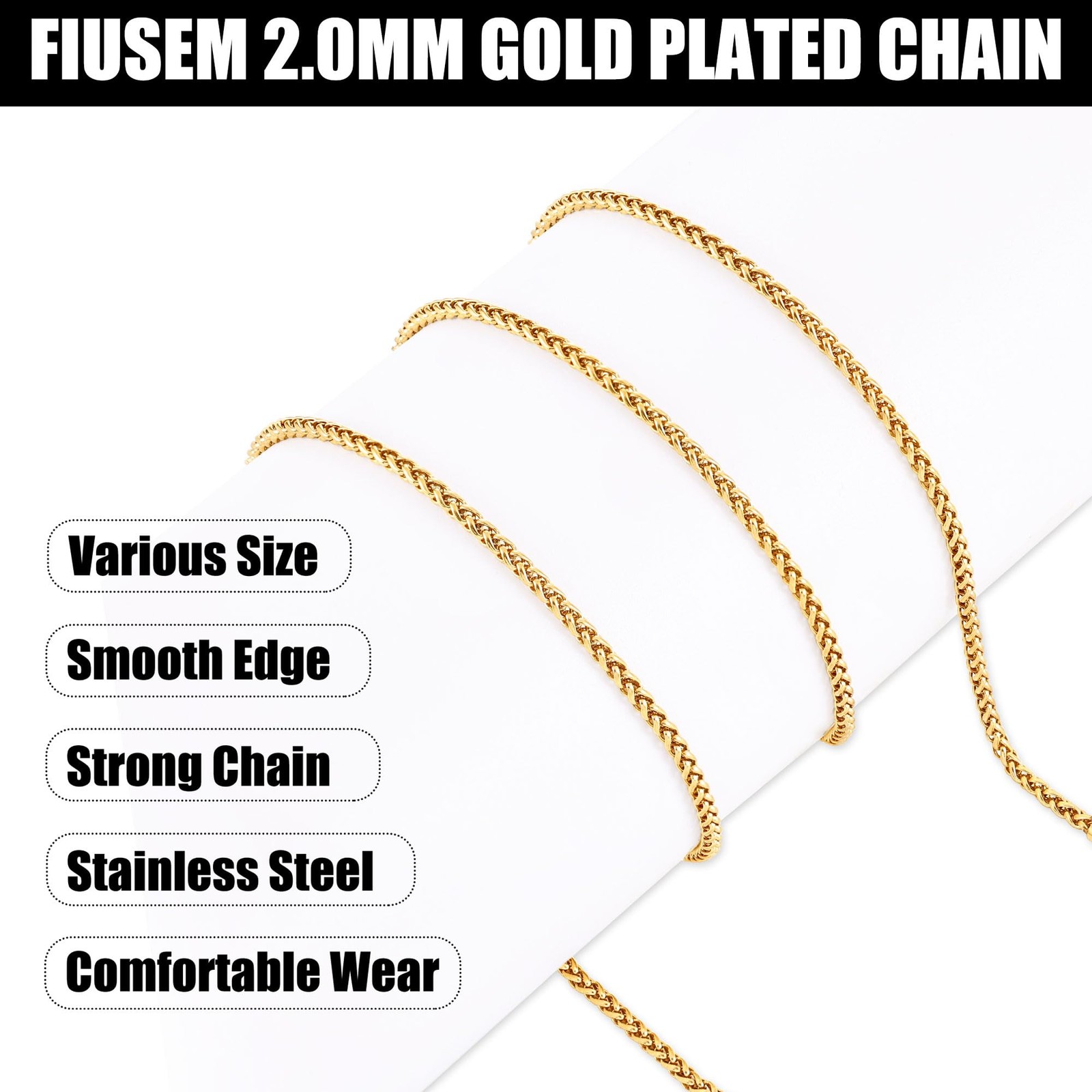14K Gold Plated Wheat Chain Necklace for Men, 2mm 14K Gold Plated Stainless S…