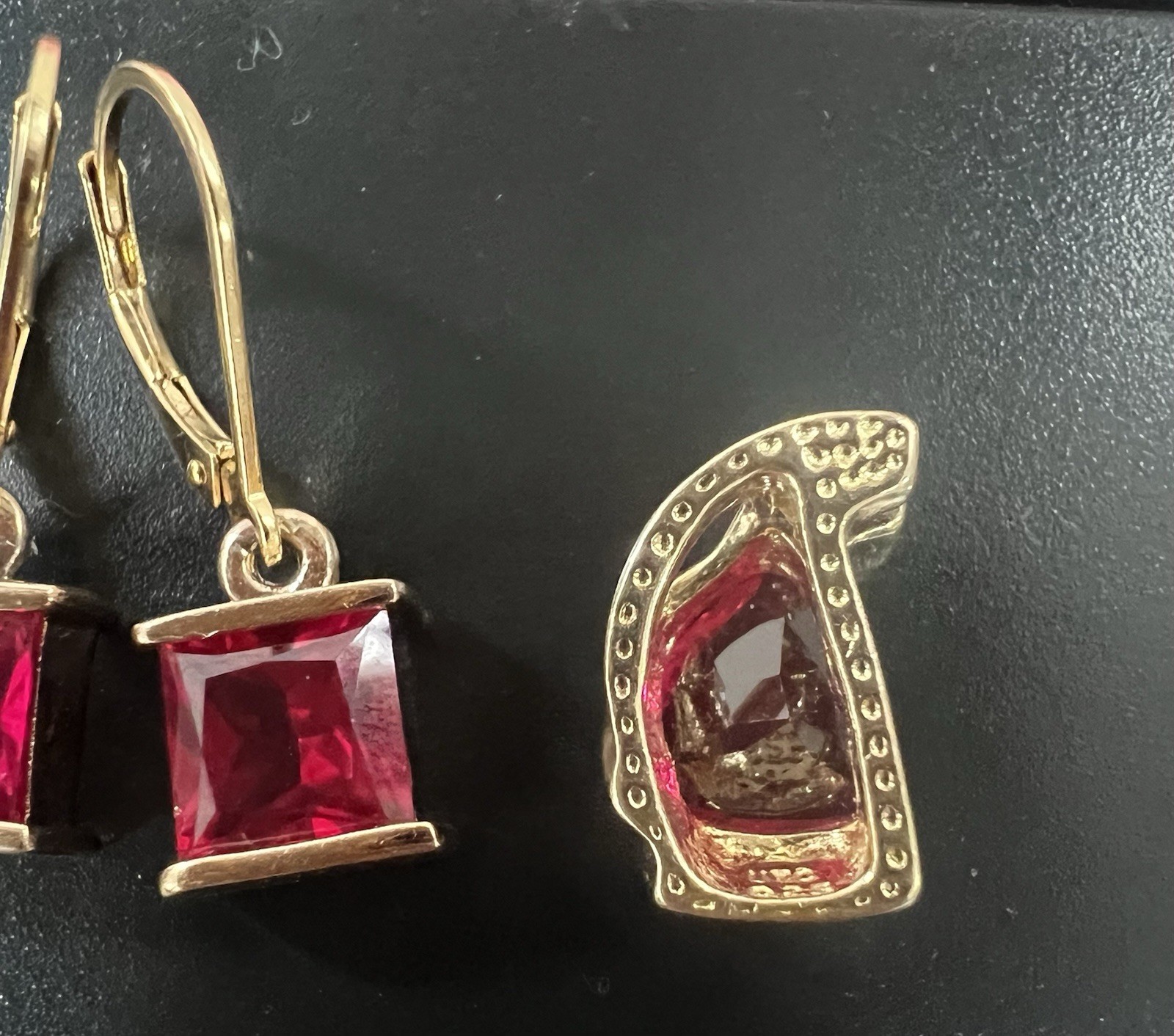 925 Sterling Gold Plated Dangling Earrings Ruby On Them. Pendent No Stamp.