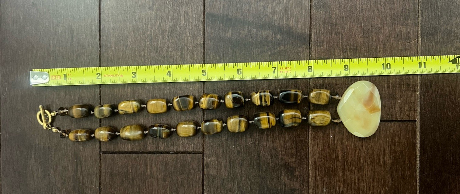 Talbots Tiger’s Eye Beaded Necklace Agate Oval Pendant Charm Toggle Brown