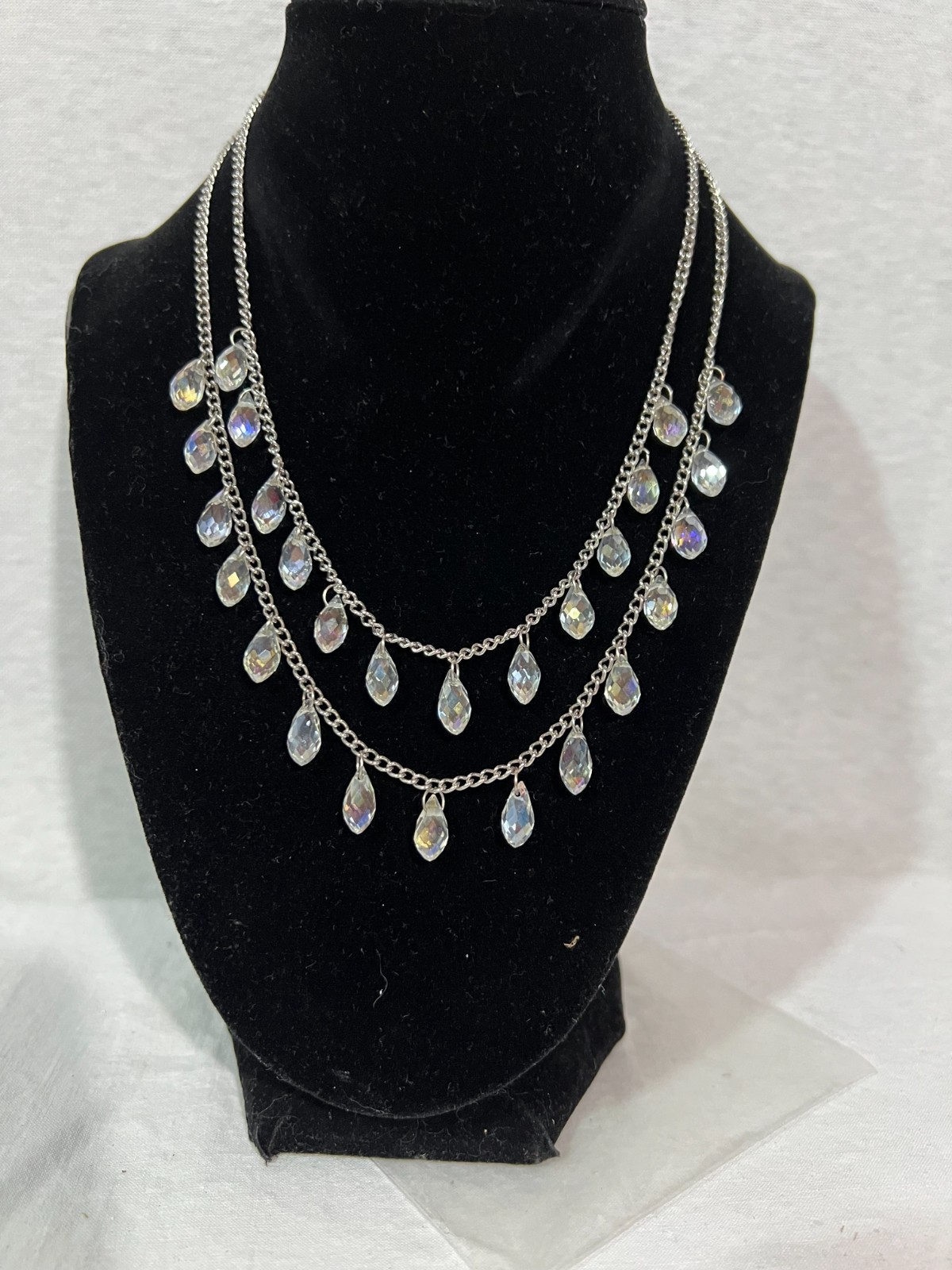 Swarovski Neckless Two Tier Colorless Crystal Beads Tear Drop Silver Chain 9″